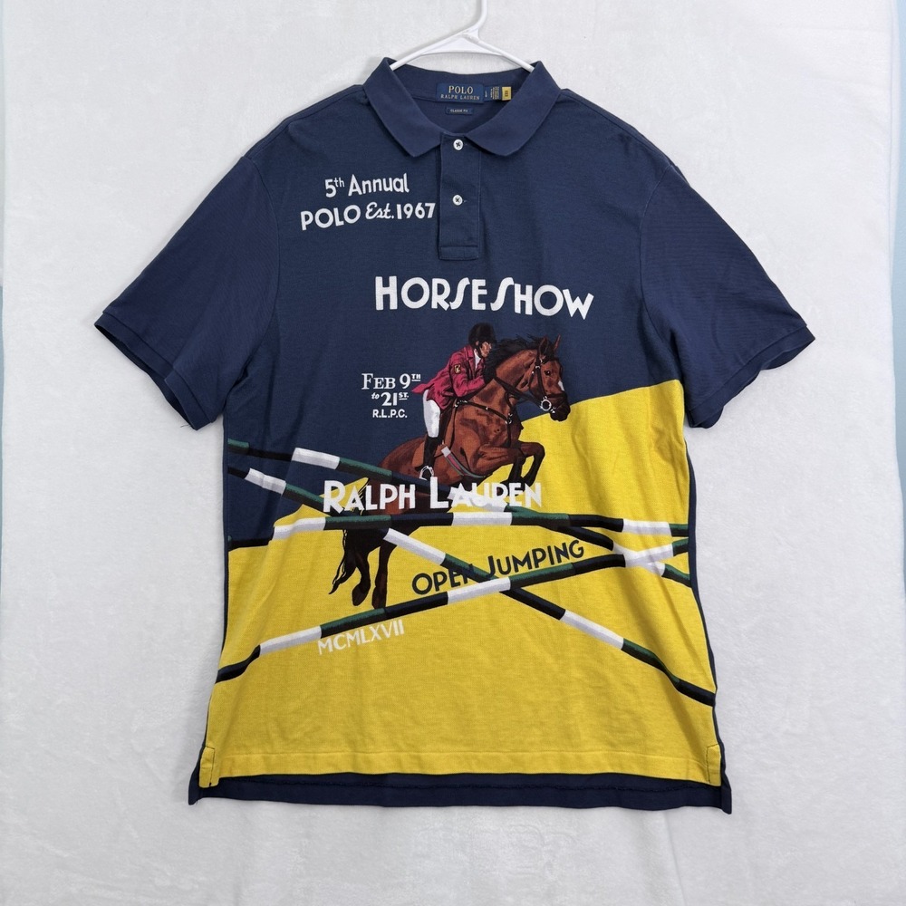 Polo Ralph Lauren Polo Shirt Mens L Blue Horse Show Graphic Equestrian - Picture 1 of 6